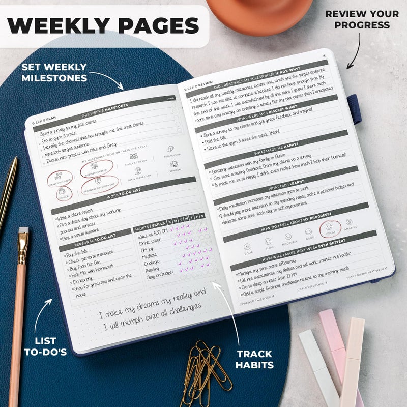 Clever Fox Ultimate Achieverâ€™s Goal Planner - Focus & Productivity 90 Day Journal. Undated Daily Weekly Monthly Planner Organizer & Hourly Schedule Notebook - Hardcover, A5 Size, Navy Blue - Image 5