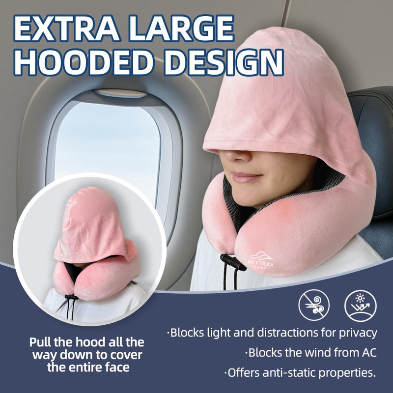 SKYTRAX COMF Travel Pillow with Extra Large Hood for Airplane Long Flights Privacy and Comfort Memory Foam with Velvet Cover for Road Trip Head&Neck Support for Plane Office Cars Sleeping & Rest (Pink) - Image 2