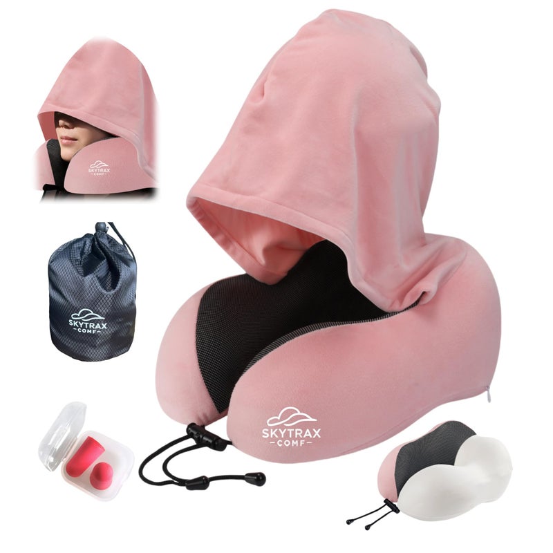 SKYTRAX COMF Travel Pillow with Extra Large Hood for Airplane Long Flights Privacy and Comfort Memory Foam with Velvet Cover for Road Trip Head&Neck Support for Plane Office Cars Sleeping & Rest (Pink) - Image 1