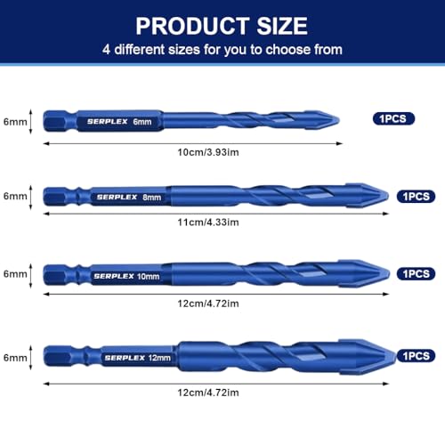 Serplex® 4Pcs Drill Bits Set Rugged Cemented Carbide Drill Bits 6mm/8mm/10mm/12mm Drill Bits for Glass, Marble, Cement, Concrete, Universal 1/4'' Hex Drill Bits Power Drill Accessories - Image 2