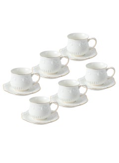 Life Smile LIFE SMILE 6-Piece Coffee Cup & Saucer Set , Perfect for Specialty Coffee Drinks, Latte and Tea, White/Gold 