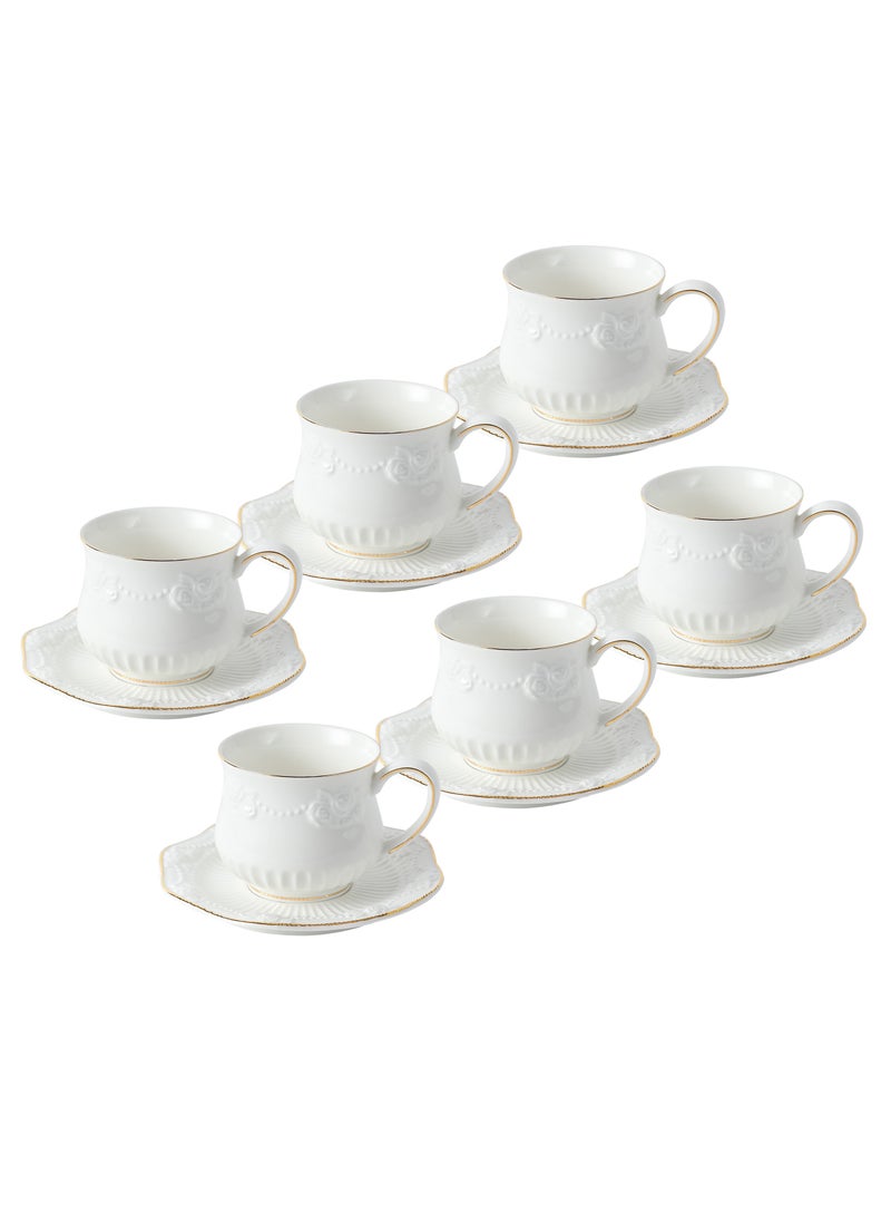 Life Smile LIFE SMILE 6-Piece Coffee Cup & Saucer Set , Perfect for Specialty Coffee Drinks, Latte and Tea, White/Gold 