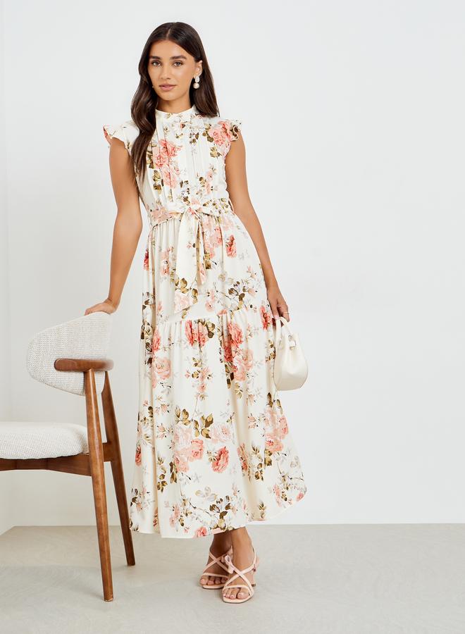 White Floral Pintuck Detail Maxi Dress