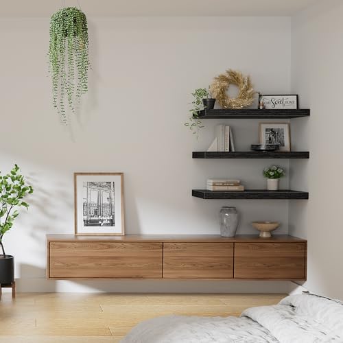 QEEIG 10" Deep Floating Shelves for Wall - 10 x 24 inch Book Shelf Bathroom Bedroom Kitchen Living Room Hanging Bookshelf Farmhouse Set of 3, Black (025-60B3) - Image 5