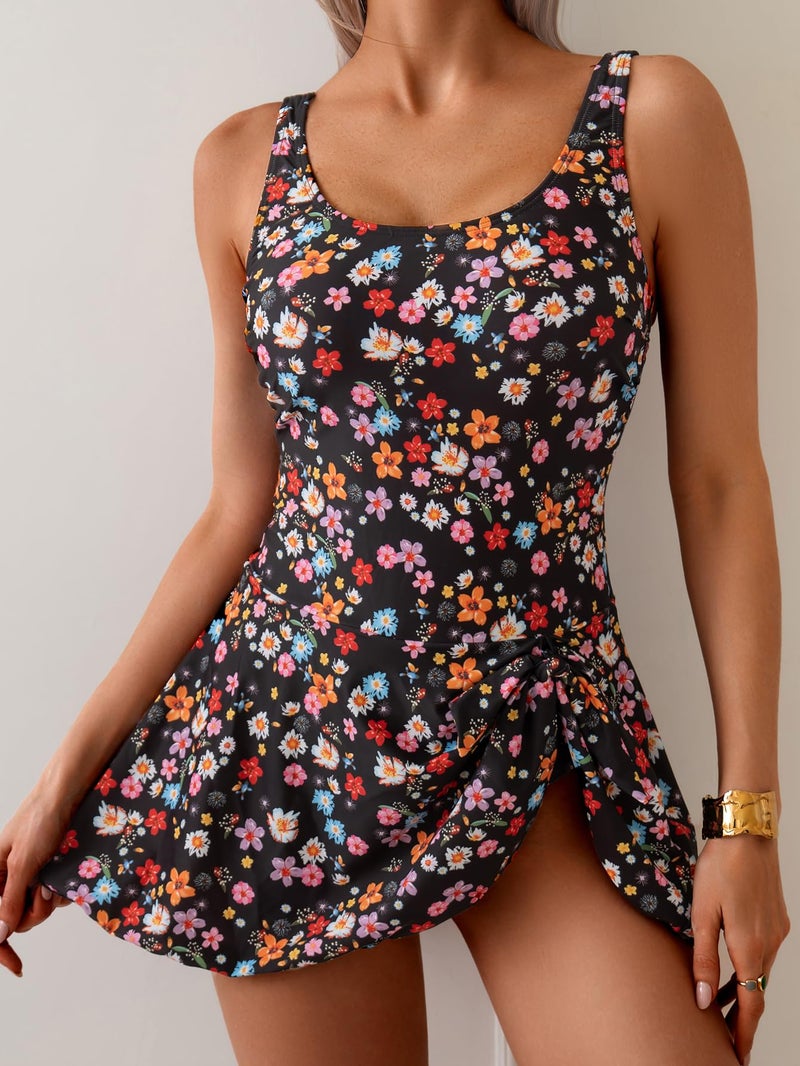 Eomenie One Piece Swimdress Swimsuits for Women Tummy Control Swim Dresses Skirt Bathing Suit Black Floral - Image 4
