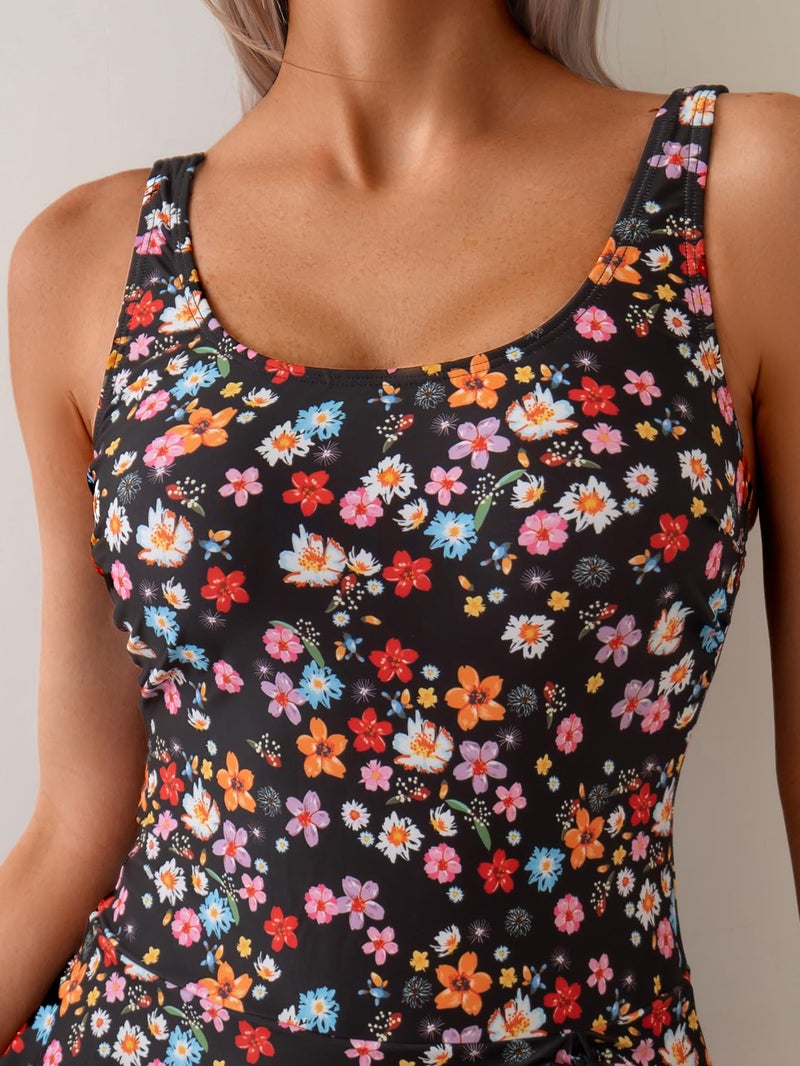 Eomenie One Piece Swimdress Swimsuits for Women Tummy Control Swim Dresses Skirt Bathing Suit Black Floral - Image 5
