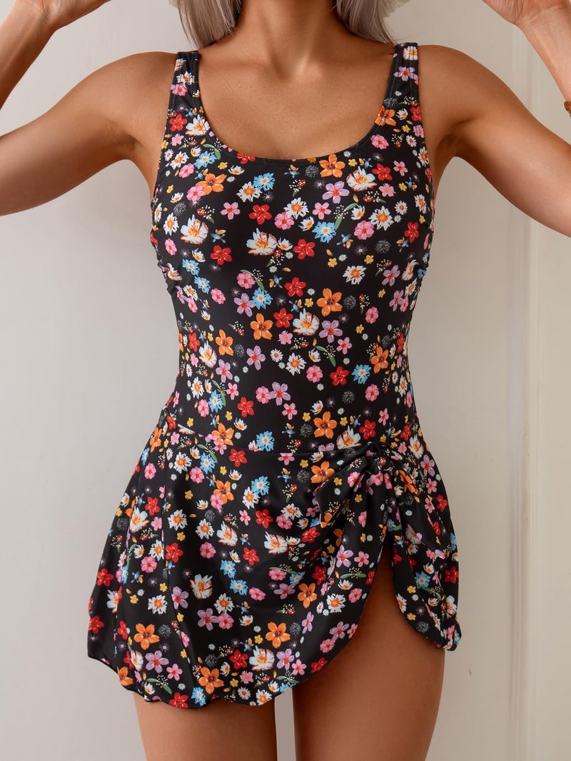 Eomenie One Piece Swimdress Swimsuits for Women Tummy Control Swim Dresses Skirt Bathing Suit Black Floral - Image 2