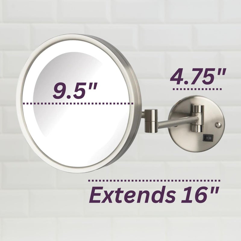 JERDON Lighted Makeup Mirror - Hard Wired Wall Mount Magnifying Mirror with LED Lights - Brushed Nickel Finish - 9.5-Inch Diameter - Model HL1016NLD - Image 3