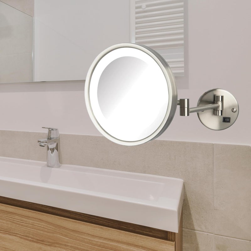 JERDON Lighted Makeup Mirror - Hard Wired Wall Mount Magnifying Mirror with LED Lights - Brushed Nickel Finish - 9.5-Inch Diameter - Model HL1016NLD - Image 5