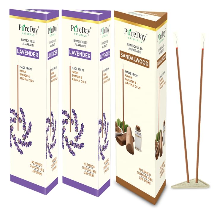 PureDay Bambooless Agarbatti 200 Dhoop Sticks Pack of 3 Lavender 160 Sticks Sandalwood 40 Sticks No Bamboo No Charcoal Lasting Aroma Free Ceramic Stand - Image 1