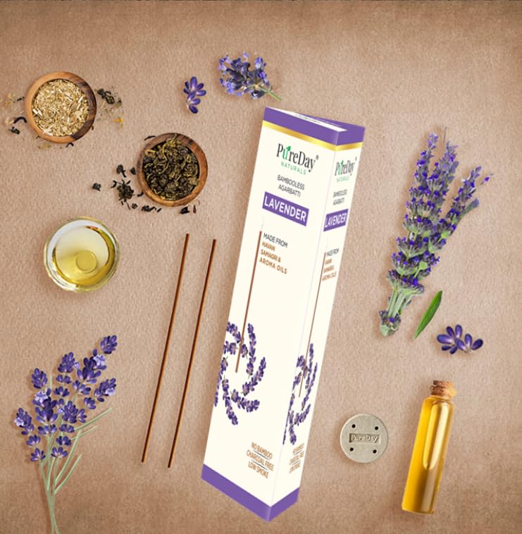 PureDay Bambooless Agarbatti 200 Dhoop Sticks Pack of 3 Lavender 160 Sticks Sandalwood 40 Sticks No Bamboo No Charcoal Lasting Aroma Free Ceramic Stand - Image 2