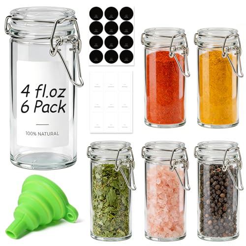 ComSaf 4 oz Glass Spice Jars with Airtight Clamp Lids 6 Pack Small Swing Top Glass Containers for Herb Storage Pantry Organization Party Favors DIY Gifts Includes Funnel Labels - Image 1