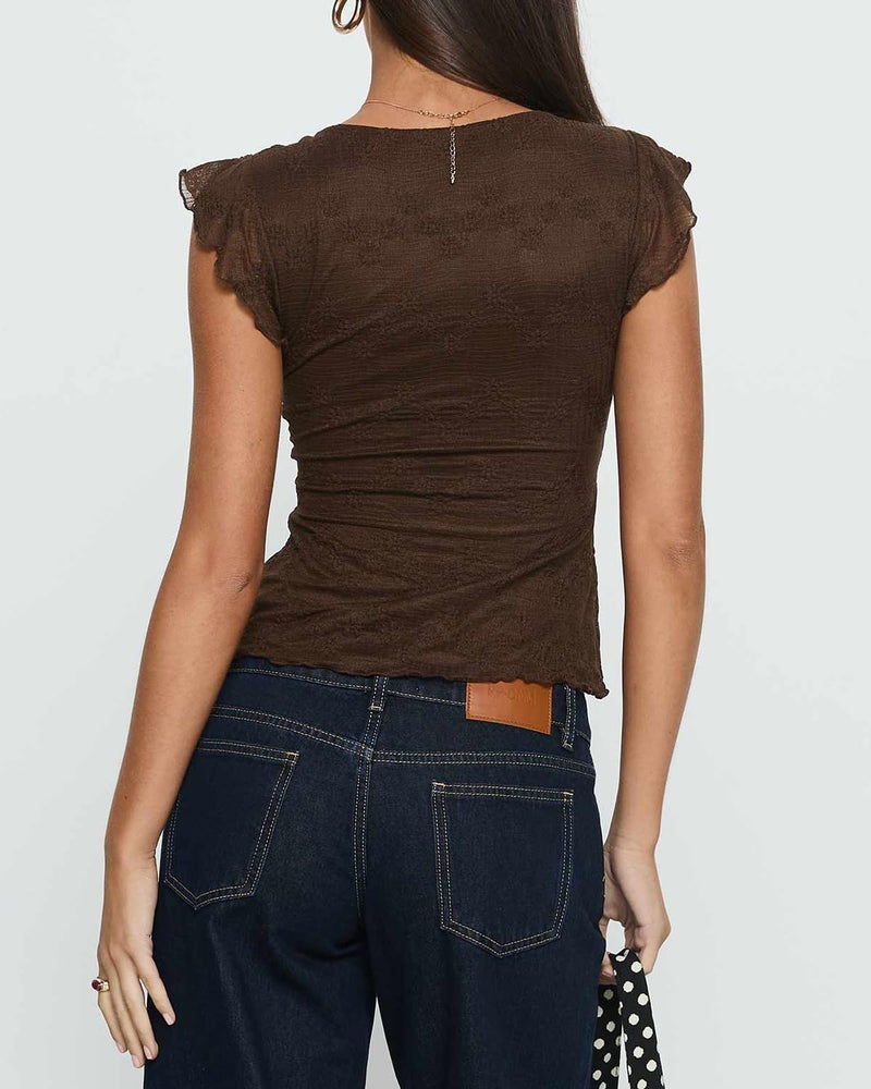BAIGRAM Women Floral Flowy Babydoll Peplum Tops Y2K Cap Sleeve Ruffle Tank Square Neck Lace Up Layered Crop Shirt Going Out Brown - Image 4