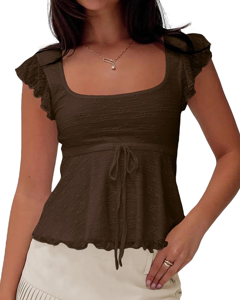 BAIGRAM Women Floral Flowy Babydoll Peplum Tops Y2K Cap Sleeve Ruffle Tank Square Neck Lace Up Layered Crop Shirt Going Out Brown - Image 1