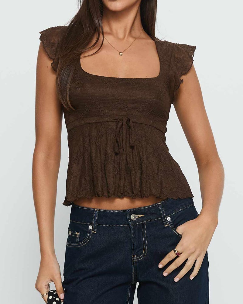 BAIGRAM Women Floral Flowy Babydoll Peplum Tops Y2K Cap Sleeve Ruffle Tank Square Neck Lace Up Layered Crop Shirt Going Out Brown - Image 3
