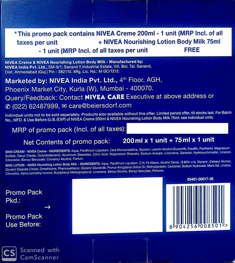 Nivea Cream 200ml with Nourishing Lotion Body Milk 75ml - Image 2