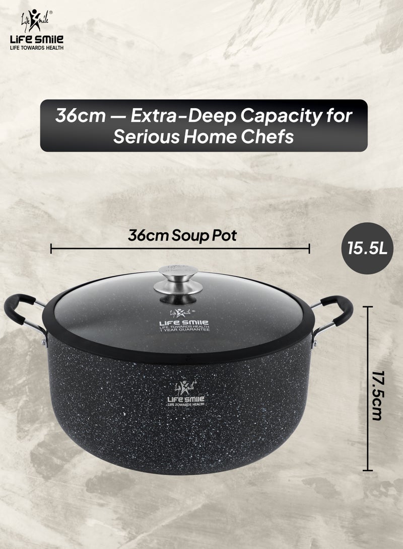 Life Smile وعاء حساء غير لاصق من الجرانيت - 15.5 لتر مع غطاء زجاجي - وعاء طهي كبير مع مقابض مقاومة للحرارة - أواني طهي غير لاصقة متعددة الطبقات من الجرانيت - Image 3