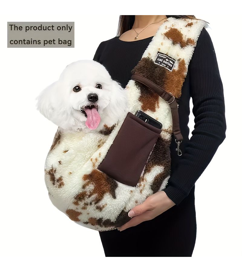 Brown Pet Outdoor Sling Bag With Dog Harness Thickened Adjustable Straps Pockets Perfect For Travel Snap Closure Carrier - Image 4
