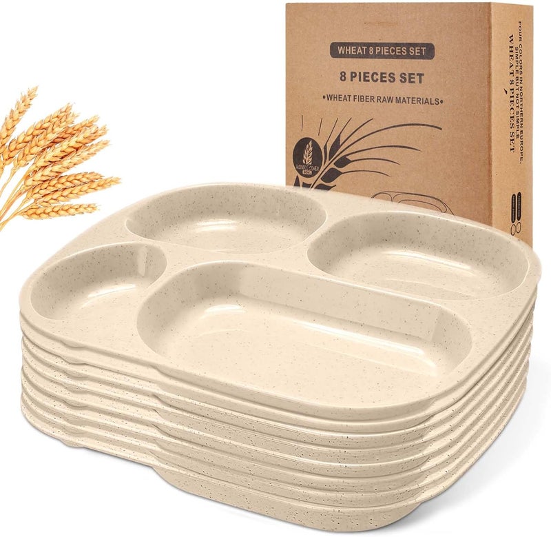 Vesici 8 Pcs 9 Unbreakable Divided Plates for kids Adults Food Separator Dinner Plates Reusable Compartment Plates Dishwasher Microwave Safe Beige - Image 1