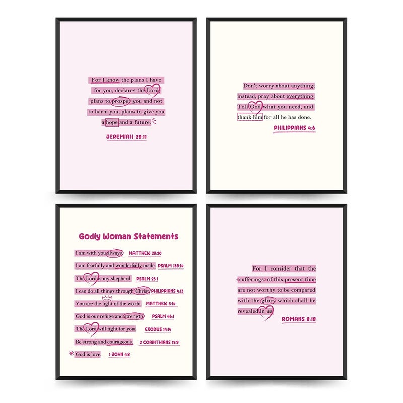 Etviso Christian Wall Art Inspirational Pink Bible Verse Wall Decor Set of 4 Breppy Breppy Christian Wall Art Prints Christian Gift Poster Decor - Image 1