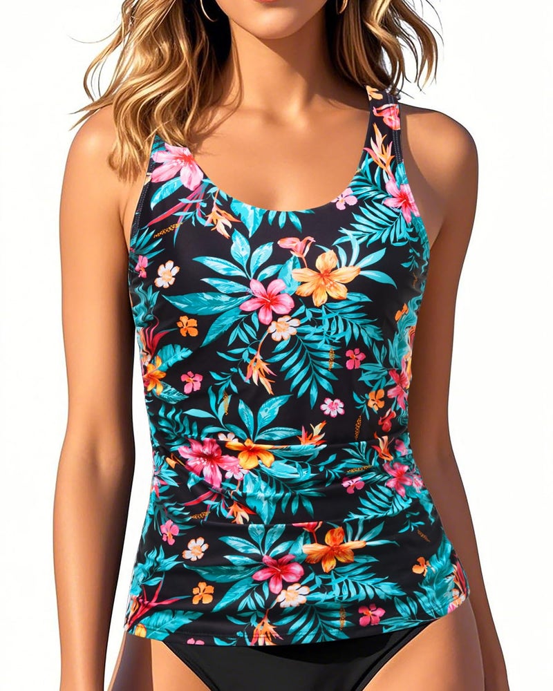 Aqua Eve Womens Tankini Tops Only Tummy Control Swim Tank Top Modest Swimsuit Top Bathing Suit Top No Bottom Black Floral L
