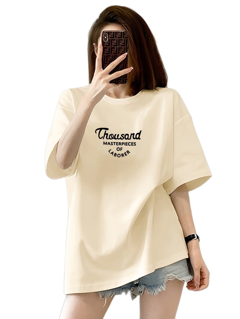 Women's Oversized T - Shirt - Loose Fit Short Sleeve Top with Letter '' Print, Round Neck Casual Summer Blouse for Spring Summer Fall, Breathable Casual Attire (Hand Washable) - Apricot / XS - Image 1
