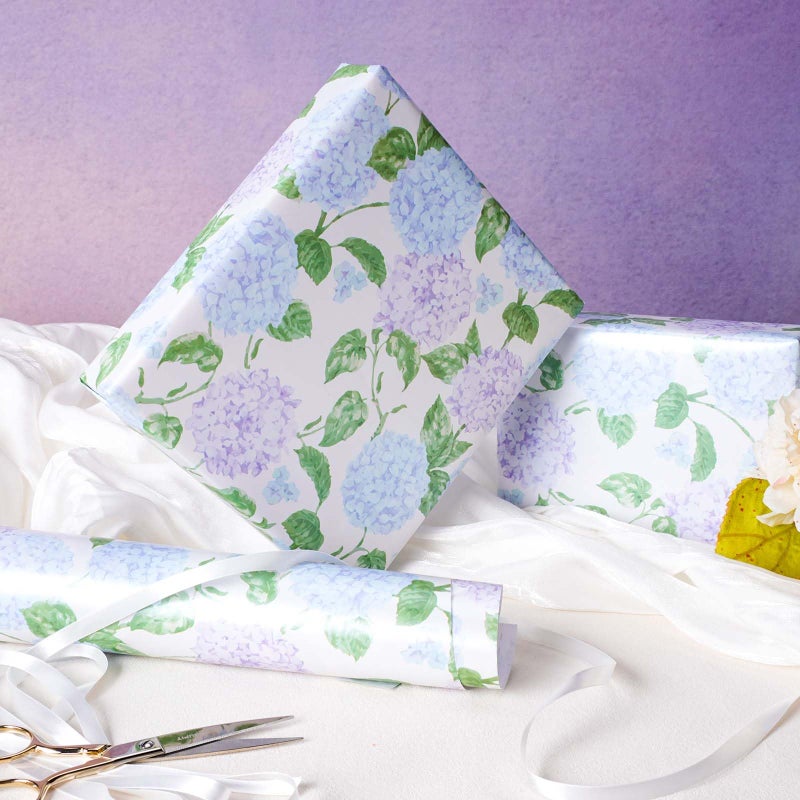 LaRibbons Floral Wrapping Paper Mini Roll, Blue & Purple Watercolor Hydrangea on Pearlescent Background, Elegant Gift Wrap for Wedding, Baby Shower, Bridal Shower, Birthday, 17" x 33'(46.7 sq. ft) - Image 2