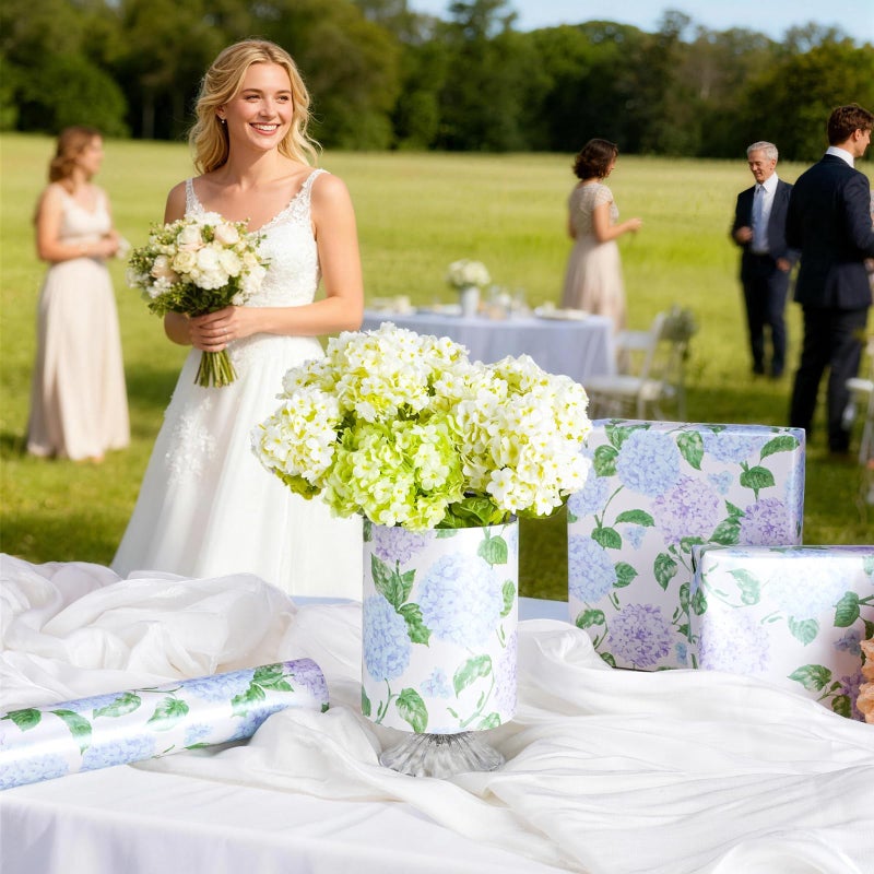 LaRibbons Floral Wrapping Paper Mini Roll, Blue & Purple Watercolor Hydrangea on Pearlescent Background, Elegant Gift Wrap for Wedding, Baby Shower, Bridal Shower, Birthday, 17" x 33'(46.7 sq. ft) - Image 4