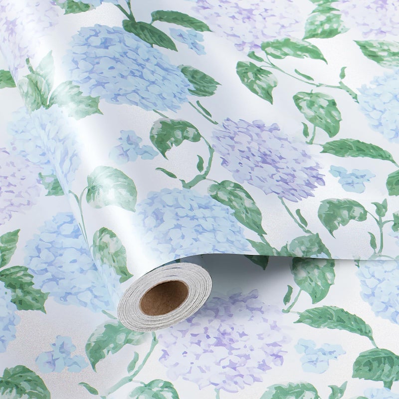 LaRibbons Floral Wrapping Paper Mini Roll, Blue & Purple Watercolor Hydrangea on Pearlescent Background, Elegant Gift Wrap for Wedding, Baby Shower, Bridal Shower, Birthday, 17" x 33'(46.7 sq. ft) - Image 1