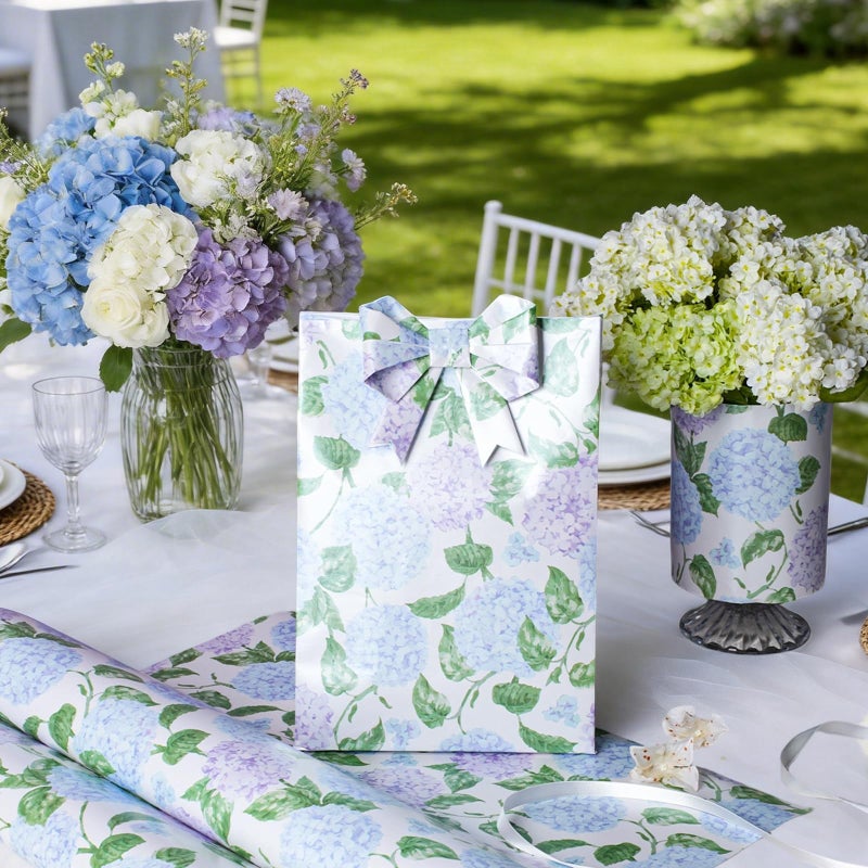 LaRibbons Floral Wrapping Paper Mini Roll, Blue & Purple Watercolor Hydrangea on Pearlescent Background, Elegant Gift Wrap for Wedding, Baby Shower, Bridal Shower, Birthday, 17" x 33'(46.7 sq. ft) - Image 5
