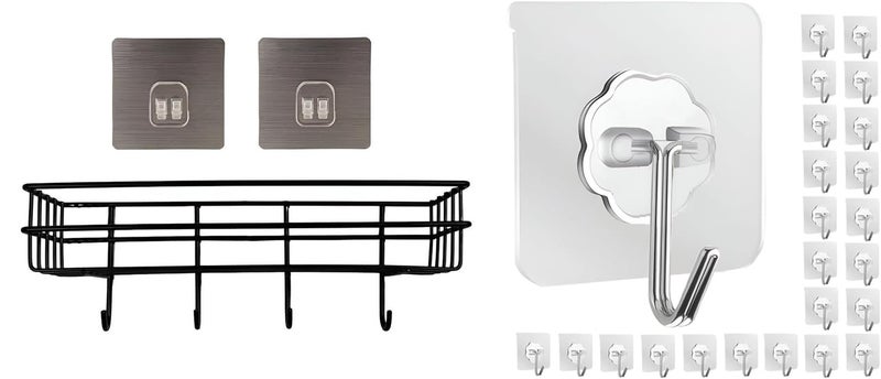 NoDrill WallMount Organizer with Hooks Black Bathroom Rack with 4 Hooks Stainless Steel Adhesive Hooks 15 Pack Durable Kitchen Wall Hooks