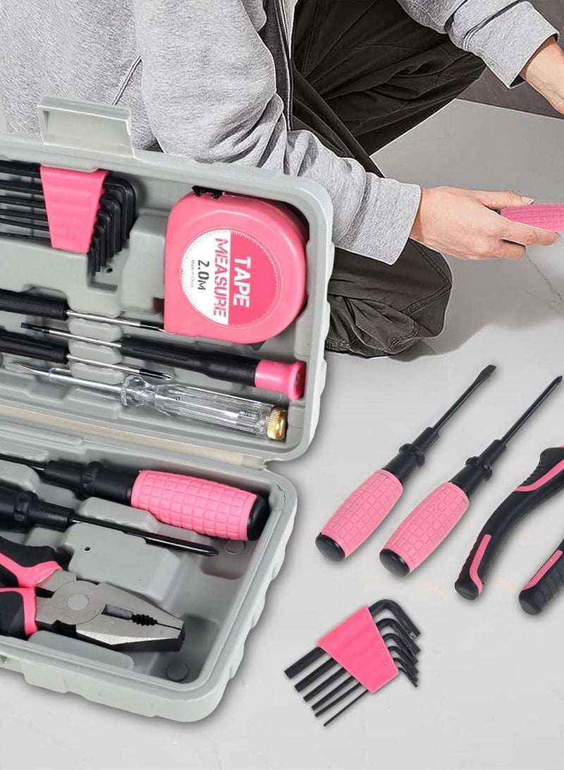 GGOOT 15Pcs Household Repair Tool Kit Multi-Purpose Home Hand Tool Set with Storage Case Home Hardware Combination Tool Kit with Wire Cutter and Hex Wrench for DIY Repair(Pink) - Image 4