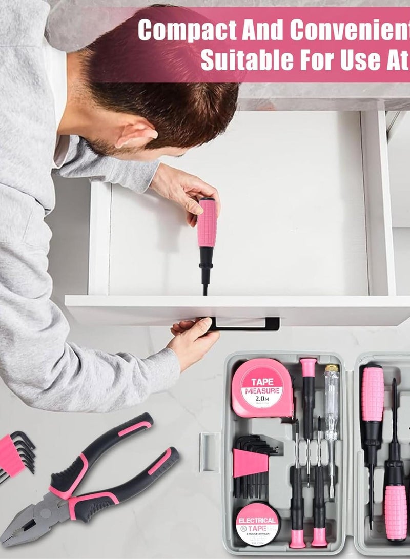 GGOOT 15Pcs Household Repair Tool Kit Multi-Purpose Home Hand Tool Set with Storage Case Home Hardware Combination Tool Kit with Wire Cutter and Hex Wrench for DIY Repair(Pink) - Image 5