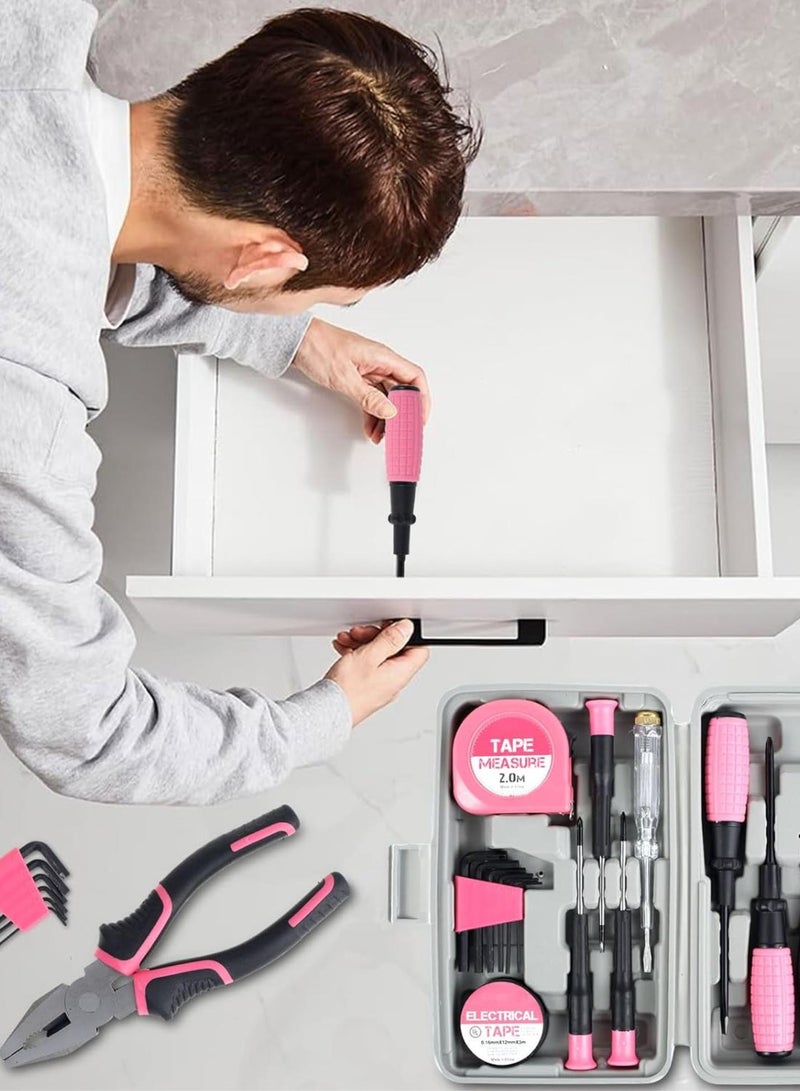 GGOOT 15Pcs Household Repair Tool Kit Multi-Purpose Home Hand Tool Set with Storage Case Home Hardware Combination Tool Kit with Wire Cutter and Hex Wrench for DIY Repair(Pink) - Image 1