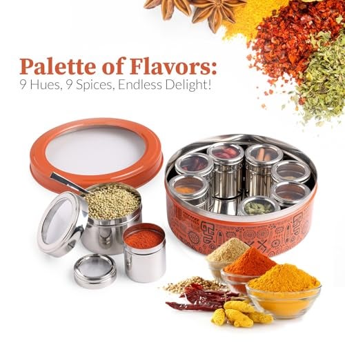 dudki 9 in 1 Herbs & Spice | Spice Box | Stainless Steel Handcrafted Spice Box | Stylish Masala Dani for gift | See through lid 9 containers and Spoons | Orange Rust (2.5 Ltr | X-Large | 22.5cm) - Image 3