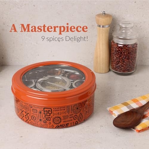 dudki 9 in 1 Herbs & Spice | Spice Box | Stainless Steel Handcrafted Spice Box | Stylish Masala Dani for gift | See through lid 9 containers and Spoons | Orange Rust (2.5 Ltr | X-Large | 22.5cm) - Image 2