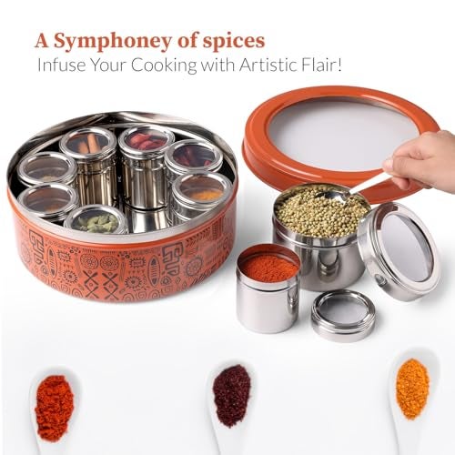 dudki 9 in 1 Herbs & Spice | Spice Box | Stainless Steel Handcrafted Spice Box | Stylish Masala Dani for gift | See through lid 9 containers and Spoons | Orange Rust (2.5 Ltr | X-Large | 22.5cm) - Image 4