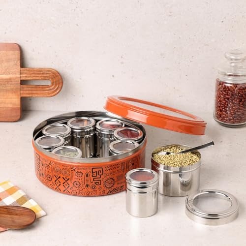 dudki 9 in 1 Herbs & Spice | Spice Box | Stainless Steel Handcrafted Spice Box | Stylish Masala Dani for gift | See through lid 9 containers and Spoons | Orange Rust (2.5 Ltr | X-Large | 22.5cm) - Image 1