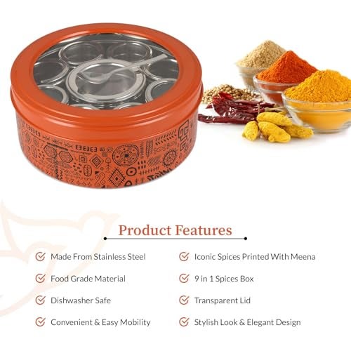 dudki 9 in 1 Herbs & Spice | Spice Box | Stainless Steel Handcrafted Spice Box | Stylish Masala Dani for gift | See through lid 9 containers and Spoons | Orange Rust (2.5 Ltr | X-Large | 22.5cm) - Image 5