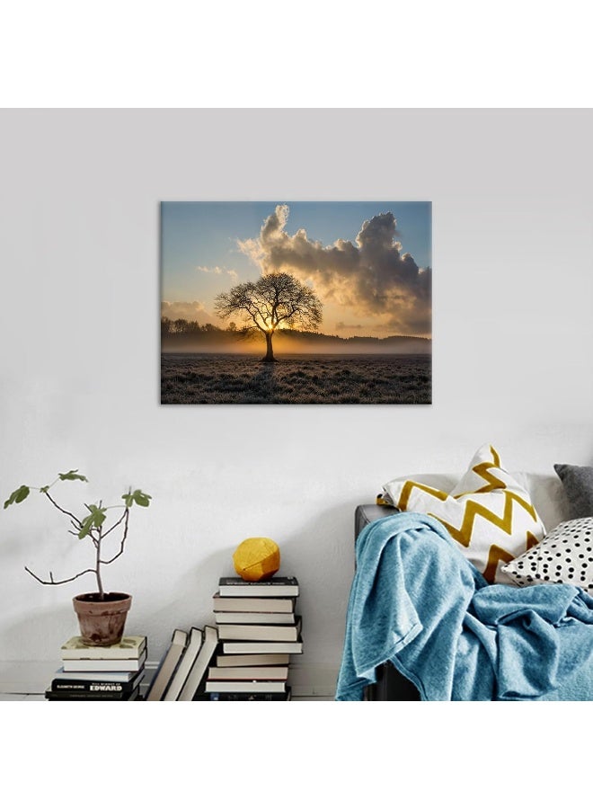 Home Trove Landscape Canvas Wall Art Lonely Tree At Sunrise In A Meadow Print Poster Wall Painting For Dining Room Modern Nature Scenery Wall Decor For Bedroom Home Office Framed And Stretched [18''Wx 24''H]  - Image 2