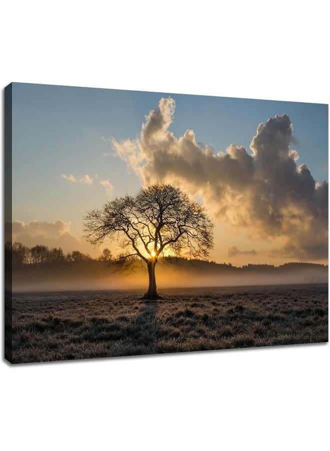 Home Trove Landscape Canvas Wall Art Lonely Tree At Sunrise In A Meadow Print Poster Wall Painting For Dining Room Modern Nature Scenery Wall Decor For Bedroom Home Office Framed And Stretched [18''Wx 24''H]  - Image 1