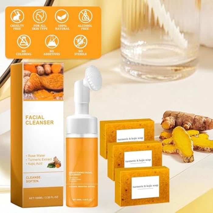 Peehss Turmeric Soap & Turmeric Face Wash Set, Honey Lemon Tumeric Kojic Soap Bar & Facial Cleanser Combo for Face & Body, Evens Skin Tone Deep Cleansing Moisturizing - Image 3