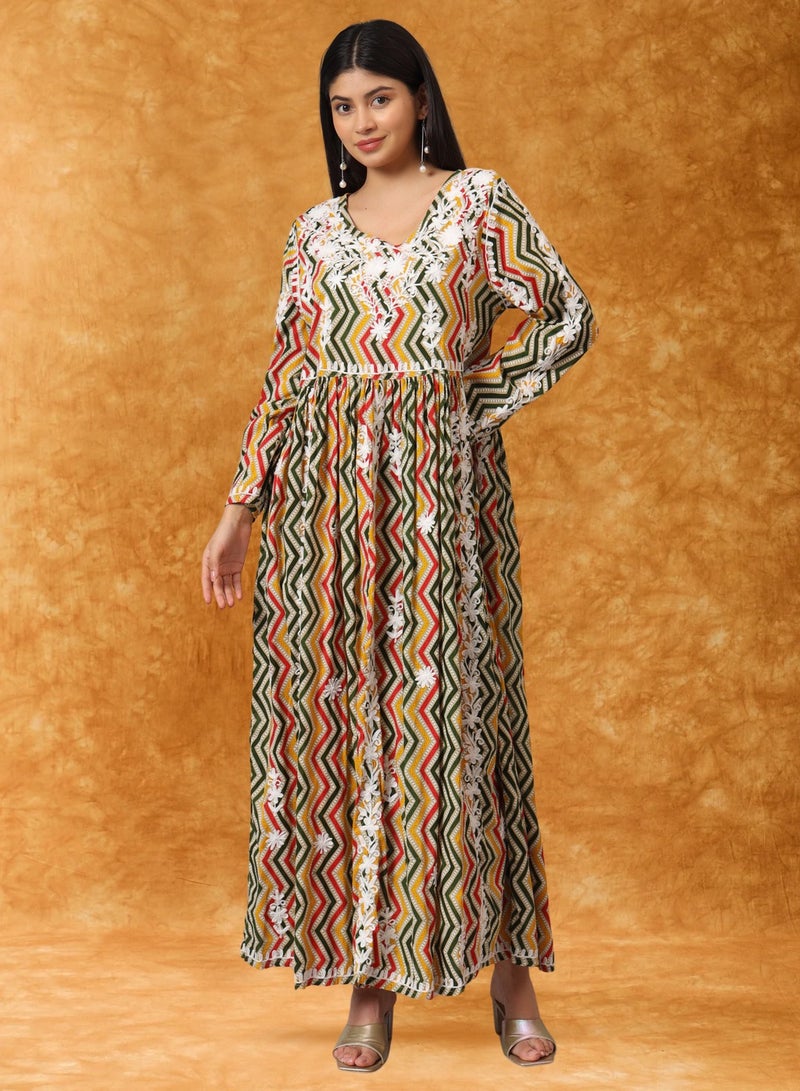 الايا جلابية مطبوعة بالقطن الململ مطرزة يدويًا بلوكناوي شيكانكاري - Image 1