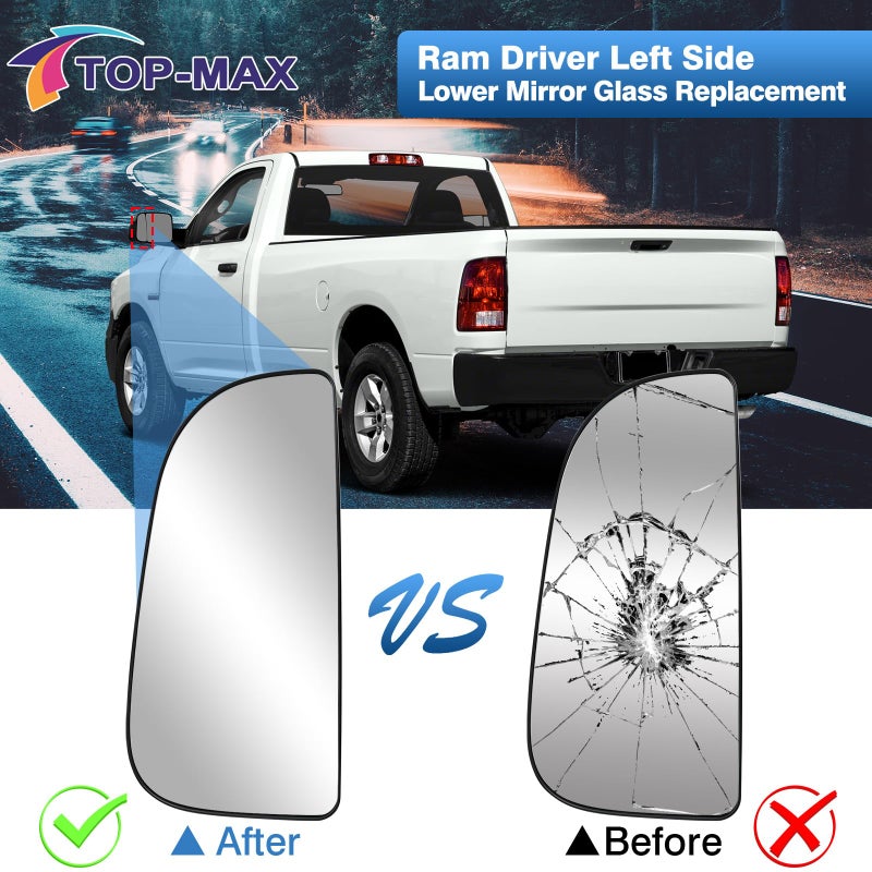 TOP-MAX Ram Driver Left Side Lower Mirror Glass Replacement for 2010-2020 Dodge Ram 1500 2500 3500 4500 5500, Towing Mirrors Convex Glass with Rear Mounting Bracket, 68067731AA - Image 2