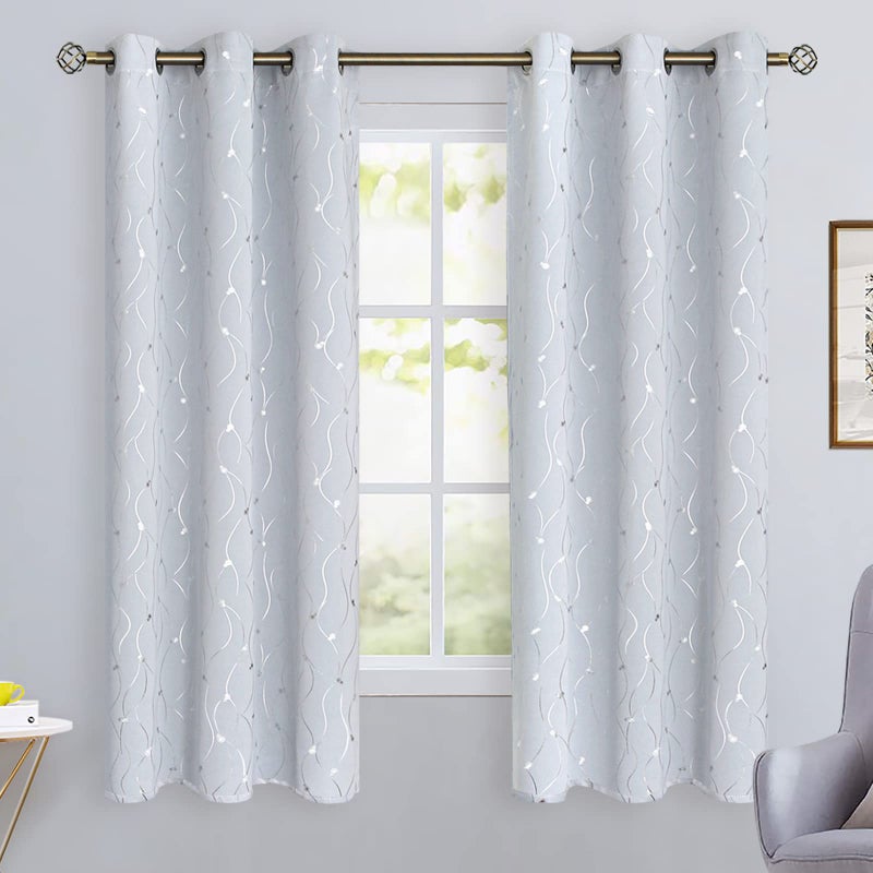 BGment White Curtains 63 Inch Length 2 Panels Set Grommet Thermal Insulated Room Darkening Window Curtains with Wave Line and Dots Printed for Bedroom  42 x 63 Inch  Greyish White - Image 2