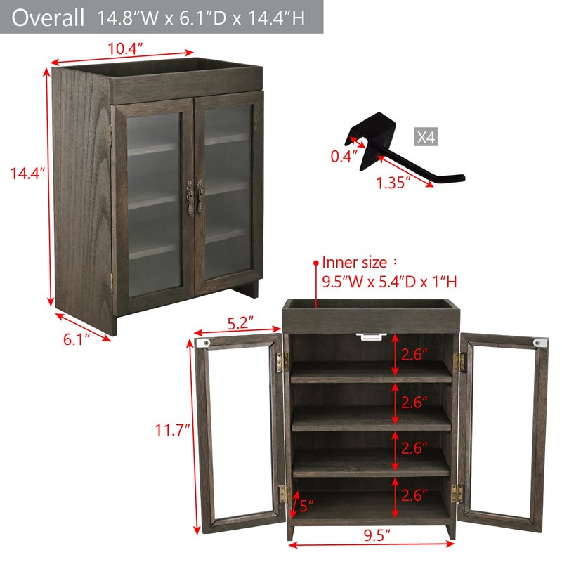Ikee Design Small Wooden Countertop Storage Cabinet with Adjustable Shelves and Removable Hooks, Perfect for Perfume, Pantry, Essential Oil, 10.4W x 6.1D x 14.4H in, Dark Brown - Image 2