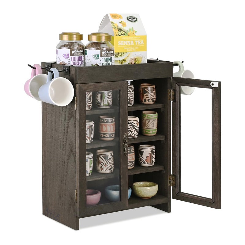 Ikee Design Small Wooden Countertop Storage Cabinet with Adjustable Shelves and Removable Hooks, Perfect for Perfume, Pantry, Essential Oil, 10.4W x 6.1D x 14.4H in, Dark Brown - Image 1