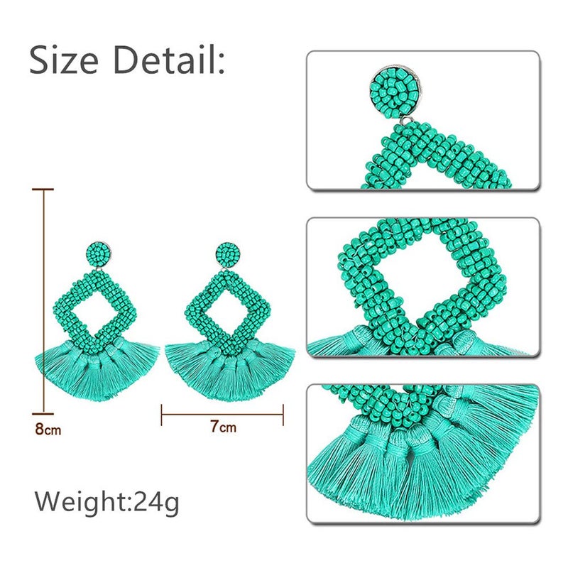 YBMYCM Statement Tassel Drop Earrings - Bohemian Beaded Square Fringe Green Dangle Earrings Gift for Women St Patricks Day Earrings - Image 5