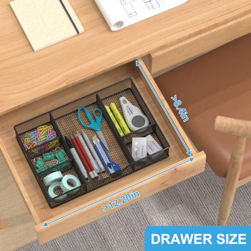 VyGrow Desk Drawer Organizer Tray, Metal Mesh Drawer Organizers Office, 6 Adjustable Compartment, Desk Organizer Tray for Home Office 12 x 8.26 x 1.96 inch, Black, 1 Pack - Image 3