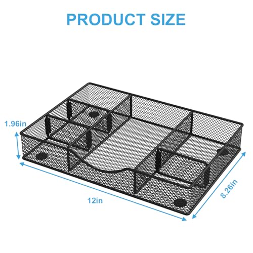 VyGrow Desk Drawer Organizer Tray, Metal Mesh Drawer Organizers Office, 6 Adjustable Compartment, Desk Organizer Tray for Home Office 12 x 8.26 x 1.96 inch, Black, 1 Pack - Image 2